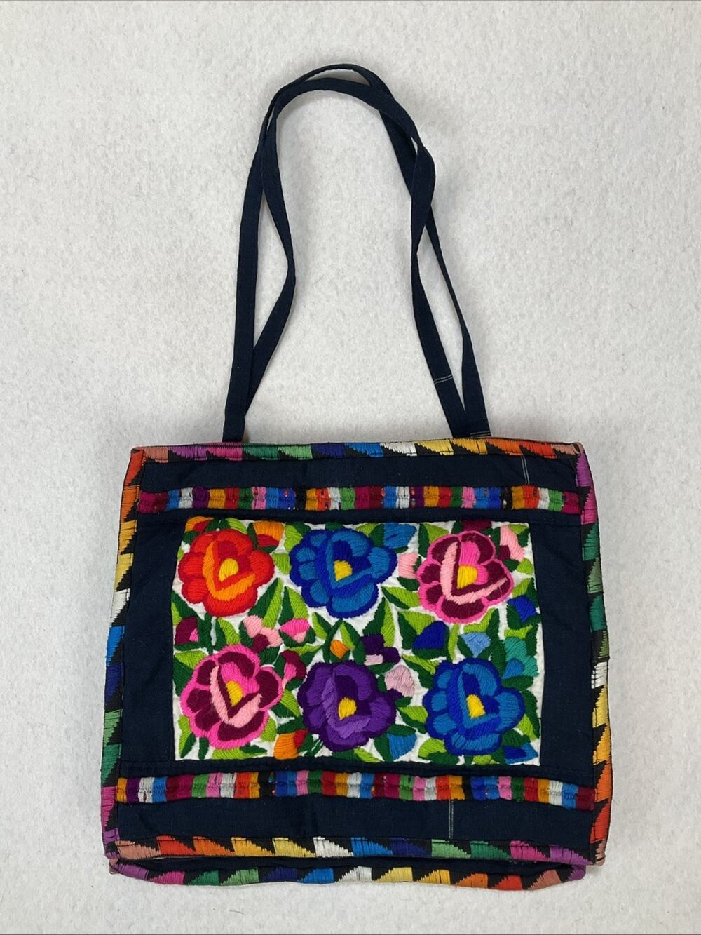 Vintage Boho Hippie Floral Rainbow Embroidered Square Shoulder Bag Tote Zipper